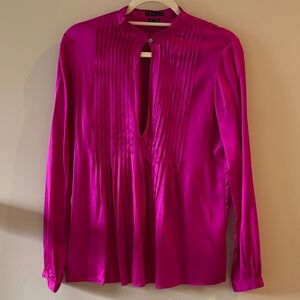 Theory Fuchsia Silk Pintuck Blouse